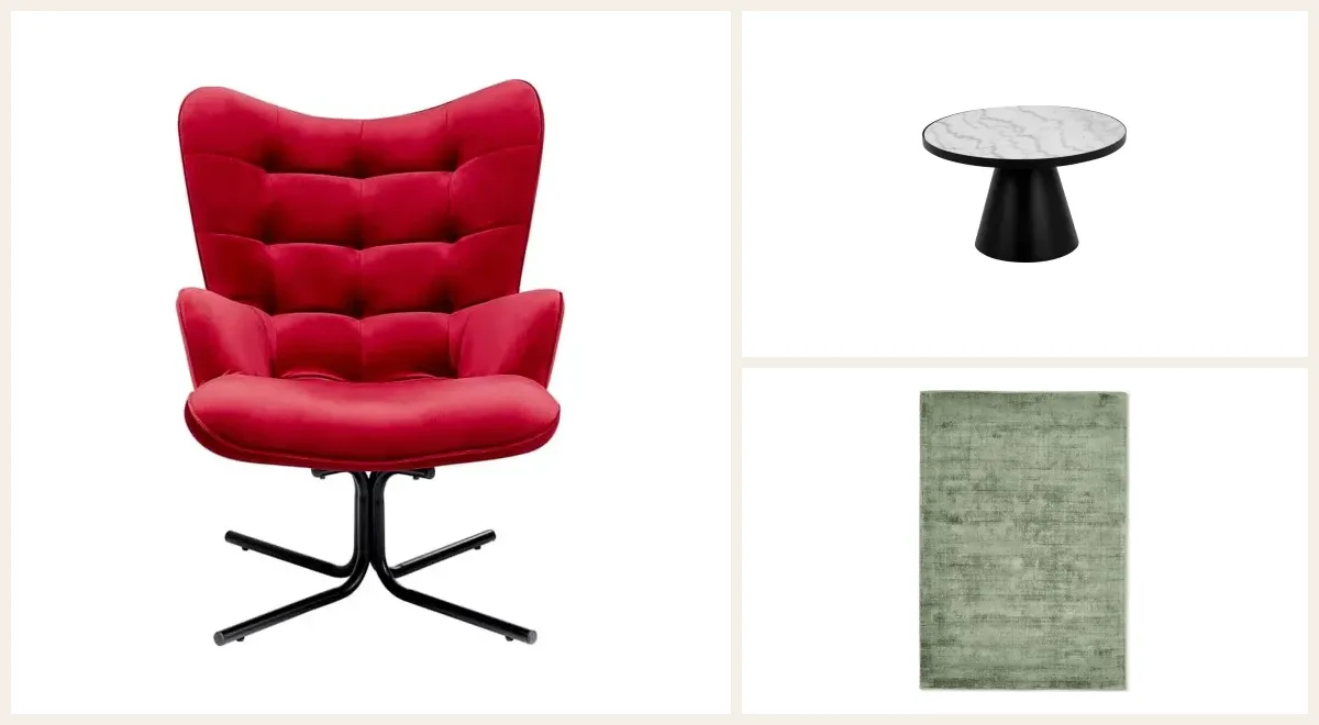 Sessel, Couchtisch und Teppich aus dem Shop
