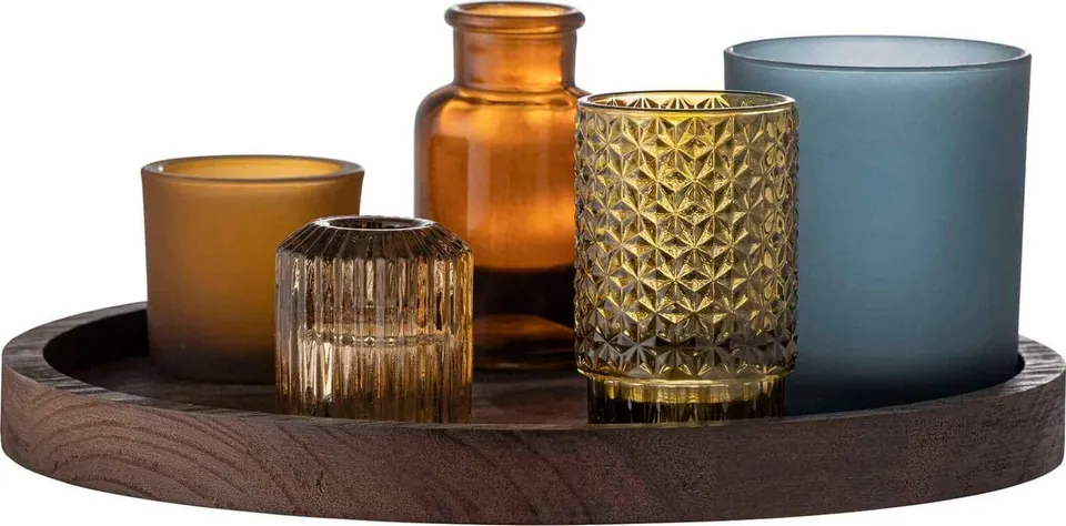 Teelichttablett Sanga, mehrfarbig aus Holz,Glas