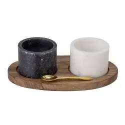 Salz- und Pfefferschalen-Set, 4tg aus Marmor, Akazie, Messing