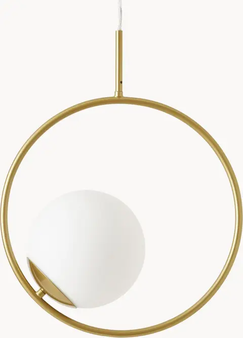 Runde Pendelleuchte aus Opalglas, Weiß, Goldfarben