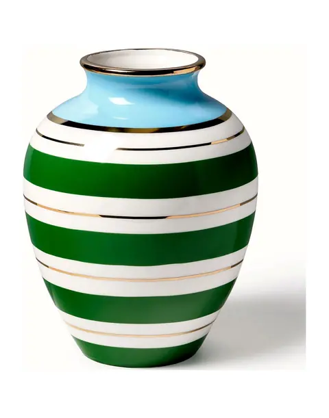 Porzellanvase in Weiß mit goldenen, grünen und hellblauen Details