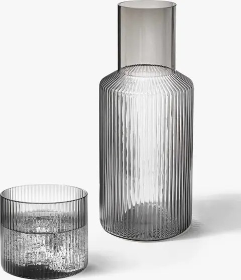 Mundgeblasene kleine Karaffe Ripple mit Trinkglas, 2er-Set, smoke transparent aus Glas