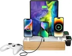 Induktive Bambus-Ladestation Wireless mit 6 Anschlüssen 11-tlg., Grau, Natur aus Bambus