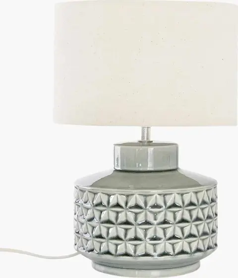 Kleine Keramik-Tischlampe Monica mit Leinenschirm, gebrochenes Weiß, Grün aus Textil, Keramik
