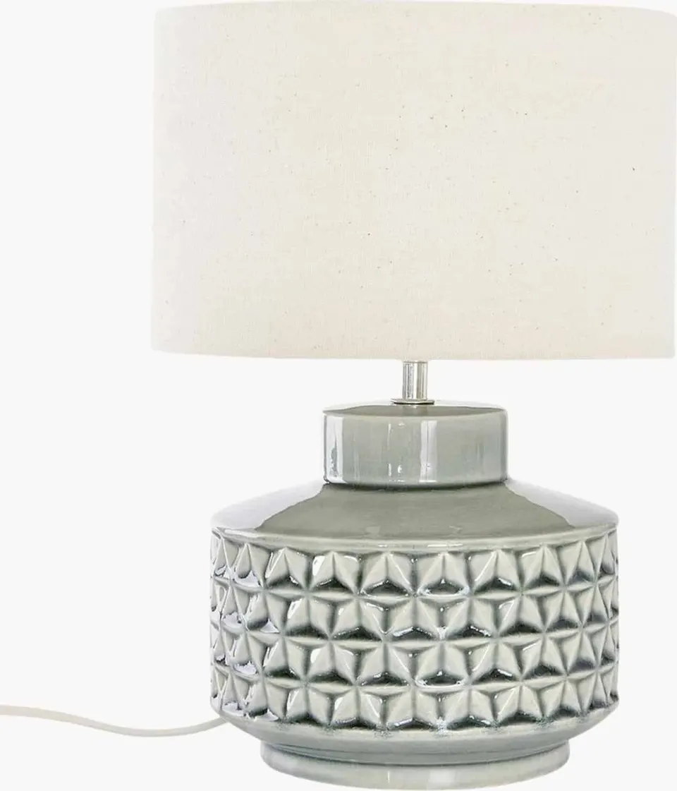 Kleine Keramik-Tischlampe Monica mit Leinenschirm, gebrochenes Weiß, Grün aus Textil, Keramik