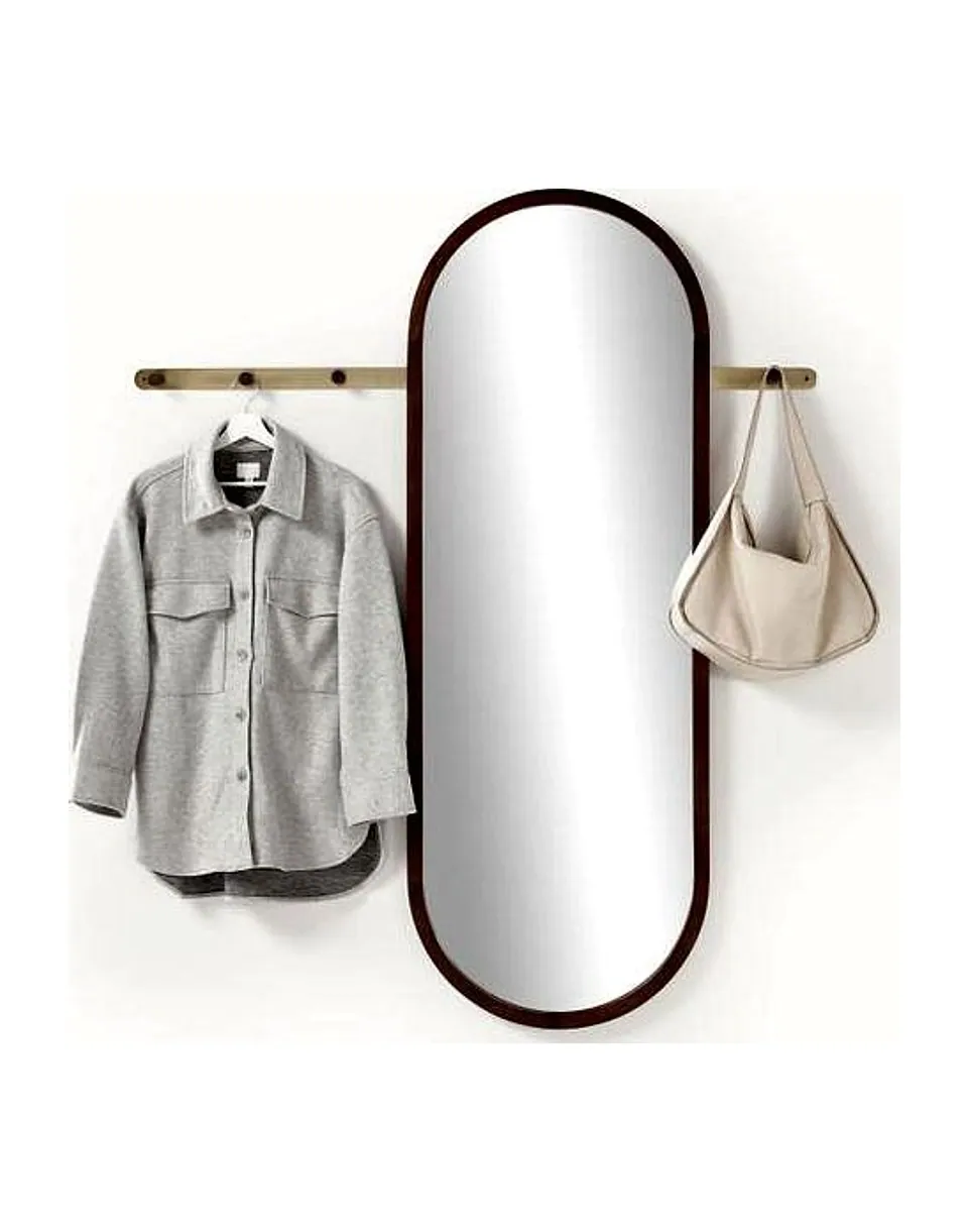 Ovaler Wandspiegel mit Garderobe, H 155 cm, Mangoholz – Ansicht 2