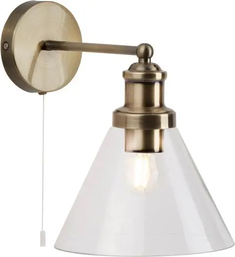 Glas-Wandleuchte mit Zugschalter, Gold matt, Transparent aus Messing, Glas
