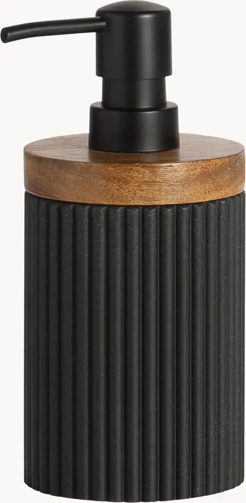 Seifenspender Laura mit Holz-Dekor, schwarz, braun aus Holz, Kunststoff