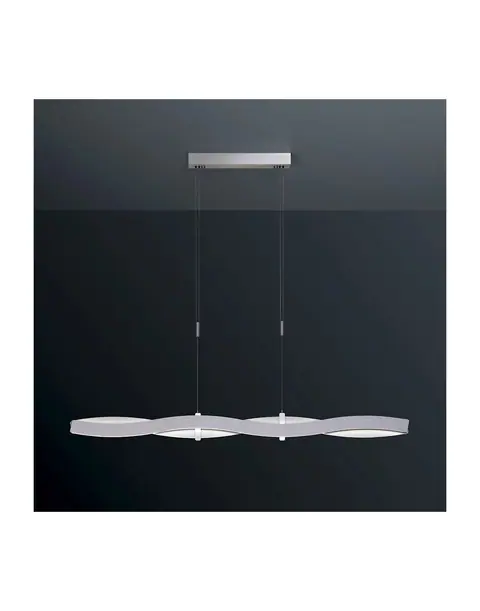 Lange LED-Pendelleuchte aus silbernem Aluminium über einem Esstisch