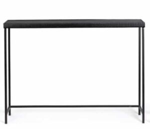 Elegante schwarze Konsole Yamir mit den Abmessungen 107x26x79 cm, ideal für moderne Wohnräume und als dekoratives Möbelstück.