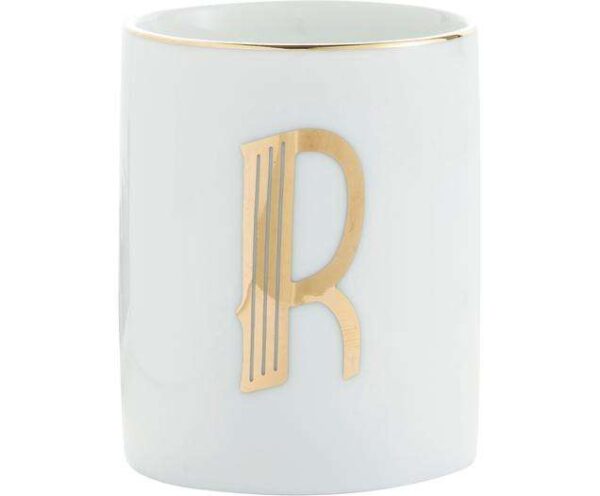 Porzellan-Becher Yours mit dem Buchstaben R, handgefertigt und modern gestaltet, perfekt für persönliche Geschenke oder den eigenen Gebrauch.