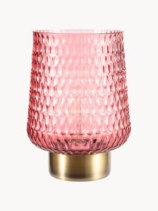 Mobile LED-Tischlampe in Roséfarbe mit praktischer Timerfunktion für stimmungsvolles Licht auf dem Tisch.