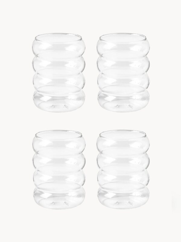 Mundgeblasene Wassergläser im Set von 4 Stück, handgefertigt und elegant für jeden Tisch, ideal für Wasser, Saft und Erfrischungsgetränke.