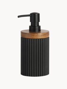 Seifenspender Laura mit elegantem Holz-Dekor für modernes Badezimmerdesign und stilvolle Handpflege.