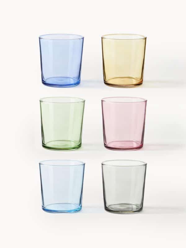 Buntes 6er-Set Wassergläser für farbenfrohes Trinken bei Partys und im Alltag, ideal für Familienfeiern und sommerliche Picknicks.