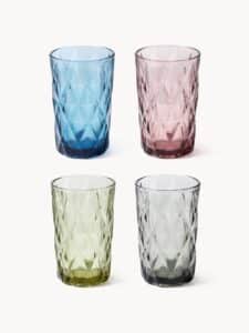 Longdrinkgläser im 4er-Set mit elegantem Strukturmuster für stilvolle Cocktails und Getränke, ideal für Partys und besondere Anlässe.