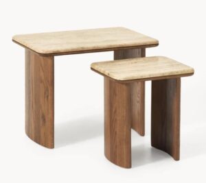 Beistelltische aus Eichenholz mit Travertinplatte im 2er-Set für stilvolles Wohnzimmer und modernes Interieur