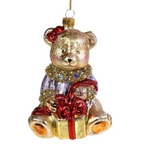 Glas Weihnachtsanhänger Bär mit Geschenk handgefertigt festlicher Christbaumschmuck winterliche Dekoration