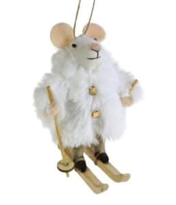 Filzanhänger Ski Maus mit weißem Pelz detailreich handgefertigt winterliches Dekorationselement