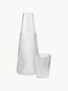 Karaffe Pilastro aus Glas mit passendem Trinkglas im 2er-Set, elegantes Design für stilvolles Servieren von Wasser und Getränken