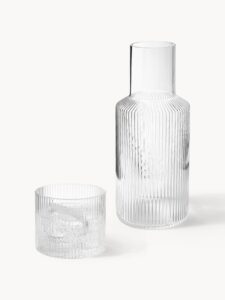 Mundgeblasene kleine karaffe ripple mit trinkglas 2er set aus klarem glas elegantes wellenmuster ideal für saft wasser oder likör