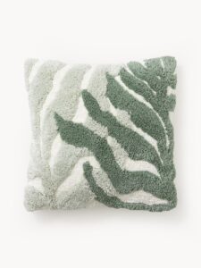 Baumwoll-Kissen Sela mit getuftetem Pflanzen-Motiv in neutralen Farbtönen für gemütliche Wohnräume