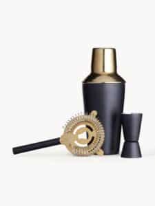 Cocktail-Set Schwarz Gold 3-teilig mit Shaker, Messbecher und Rührstab für stilvolle Drinks