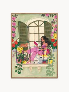 Gerahmter Digitaldruck einer Frau, die auf dem Balkon mit Katzen liest, stilvolles Wandbild für Wohnzimmer