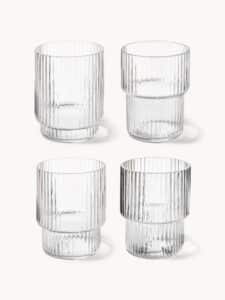 Mundgeblasene Trinkgläser mit Rillenrelief 4er-Set aus klarem Glas, elegantes Design, handgefertigte Glasqualität, modernes Trinkglas für Wasser und Getränke
