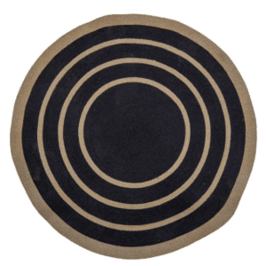 Runder schwarzer Teppich aus Jute mit einem Durchmesser von 120 cm