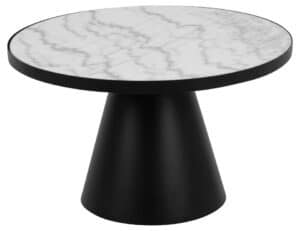 Couchtisch aus schwarzem Metallgestell mit weißer Marmortischplatte modern und elegant